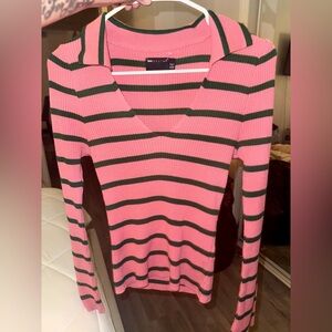 Pink and Green Striped Ribbed V-Neck Sweater top